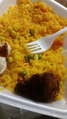 Fried chicken tenders with yellow veggie rice