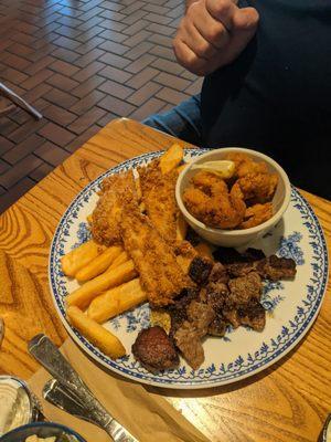 Fried stuff......fries, chicken, sirloin tips and shrimp