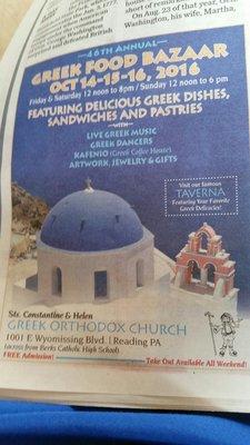 Fantastic Greek Food Bazaar Every Year . Oct 14 , 15 , 16.. Free Admission,  Great Church.