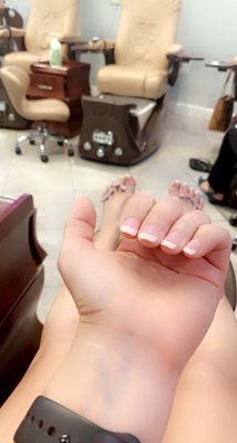 Beautiful dipped nails in French polish and French pedicure to match. Now I'm vacation ready. Thank you Rosie!