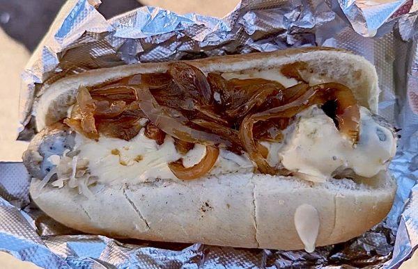 DRUNKEN COW: Bratwurst, Sauerkraut, Caramelized Onions, & Beer Cheese Sauce