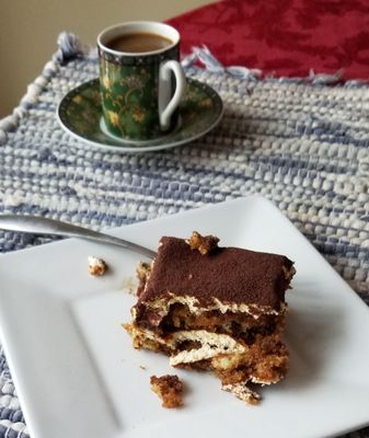 Half slice Tiramisu (we shared) and Italian moka (Bialetti pot). Caramel flavor in tiramisu was a lovely surprise.