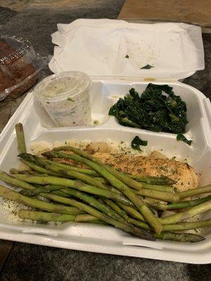 Salmon and scallop combo with asparagus, collards greens and coleslaw