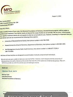 Letter from Maryland Foundation of Dentistry