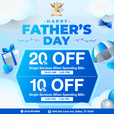 FATHER'S DAY SPECIALS 

 This Father's Day, treat the dads to pampering with our amazing offers at Zen Nails!
From Monday to Thursday