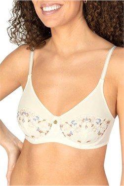 This bra cup size from A-DD, band sizes 34-44, beautiful ivory background, pastel floral embroidery on the cups