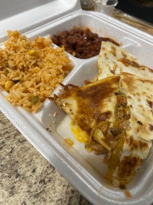 Chicken quesadilla with rice and beans