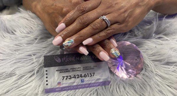 Overlay on natural nails with a accent nail Book your next appointment with us