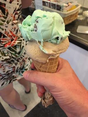 Waffle cone, cappuccino and mint chocolate chip