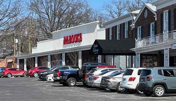 Exterior of the bookstore, with its large off-street parking lot.