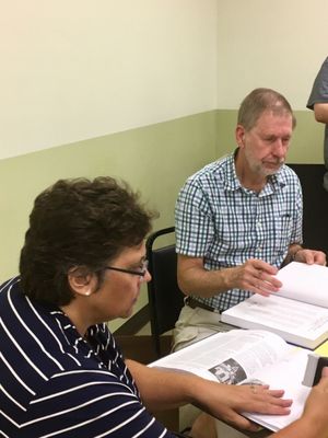 Librarian Chris Schulz with 2019's first CAT author on the trail