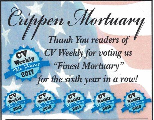 Crescenta Valley Weekly Readers Choice "Finest Mortuary" 6 years in a row!