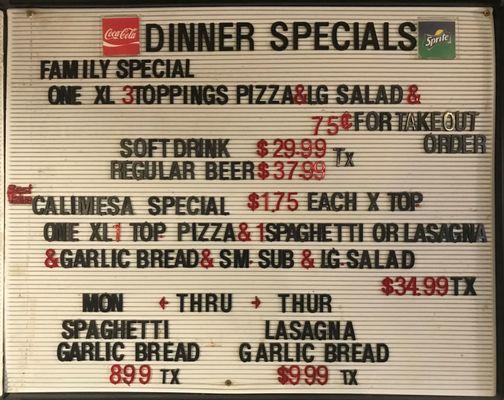 Dinner Specials menu (as of 7/24/23)