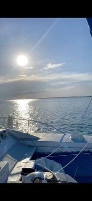 The front of the catamaran with bean bags chairs!