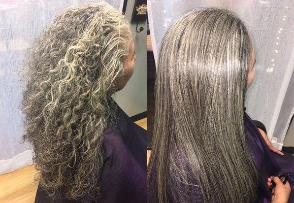 Enhancing natural salt and pepper hair, finished with a blow out and flat iron