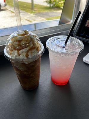 Frozen Blend Caramel Macchiato and Strawberry Lemonade