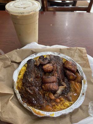 rice and beans with ribs and maduros, ice coffee