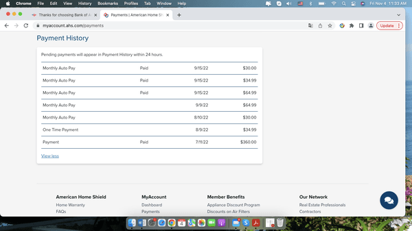 A Screenshot of the billing records on my account at American Home Shields