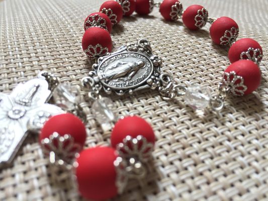 Pocket Rosary - created from red roses with Miraculous Medal for center and Four-Way Saint Cross.