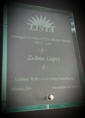 Immigration Attorney Zulma Lopez Award 2014