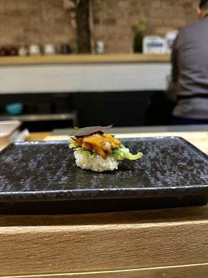 Shisho tempura with uni and truffle