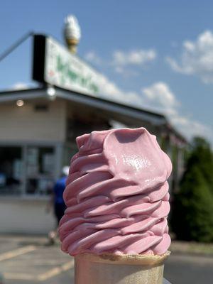 Dairy free raspberry Dolewhip with a gluten free cone !