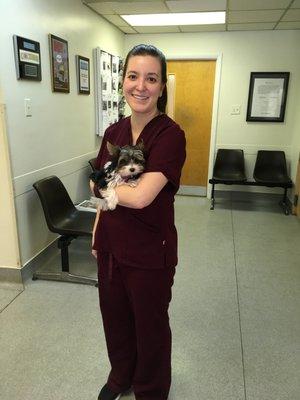 Receptionist Ana enjoying some puppy love before his appointment.