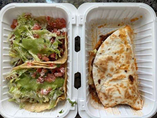 Tacos supreme (3.5) and quesadilla (7)