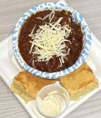 Homemade Meat Chili with Cornbread and butter