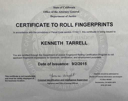 Ken has been certified to roll fingerprints since 2015.