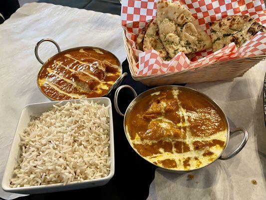 Butter Chicken Masala, Rice, Mango Chicken Curry, Garlic Naan