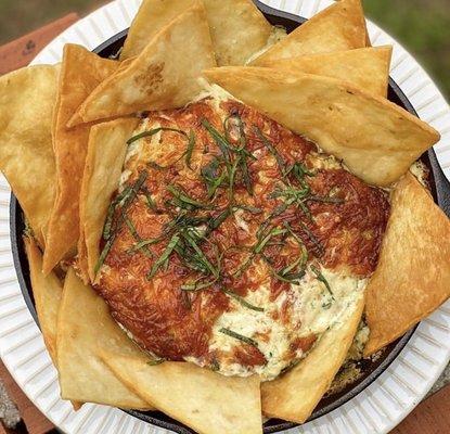 Spinach artichoke dip with house made tortilla chips!