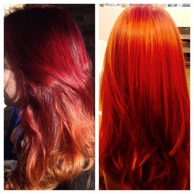 Red/copper ombré to all over copper with balayage by Lindsay Norsa