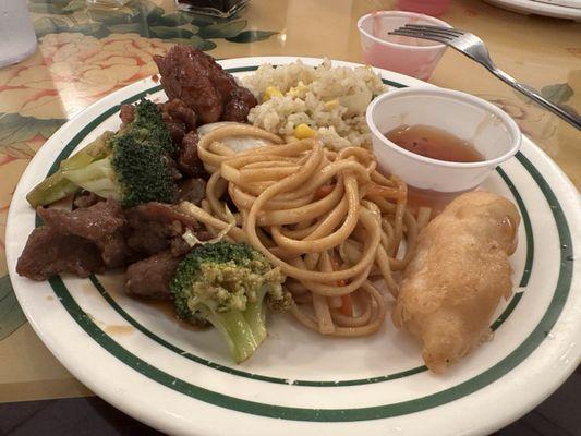 Plate #2 Beef Broccoli, Combination Lo Mein, Sweet & Sweet And Sour Chicken, Fried Rice