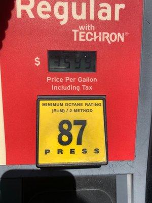 $3.59 per gallon 87 octane cash or Chevron card otherwise $.10 more per gallon. January 13, 2020