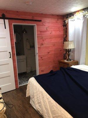 Sliding barn door to bathroom