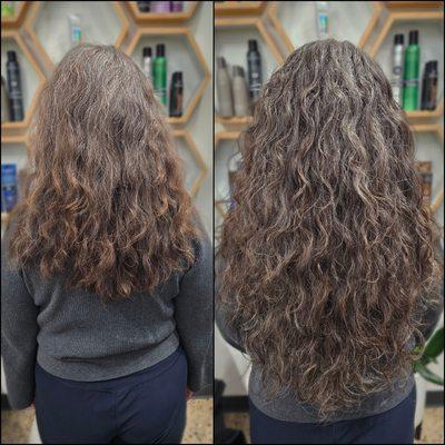 Curly hair extension before and after