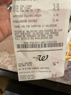 I saved $12 after buying a bunch of medications, using my Walgreens rewards card!