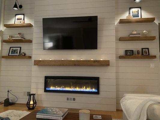 Shiplap wall, Fireplace & Shelves