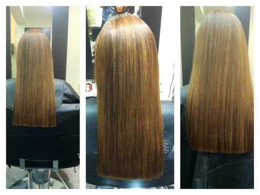 custom color one length strong sleek cut on frizzy natural wvey hair