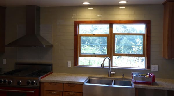 6" glass subway tile for the backsplash with quartz counter top - 36" stainless steel farmers sink