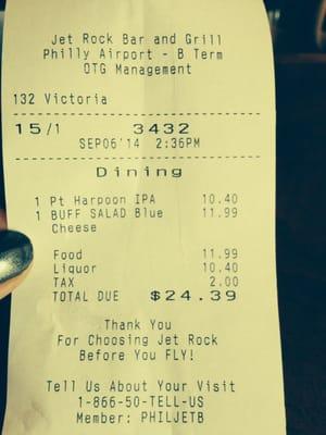 More than $10 for a pint of beer. And that salad without tomatoes? It had tomatoes. Not cool.