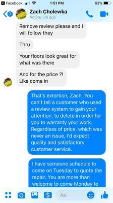 Zach is seen using extortion of the Facebook review system to get him to warranty his work.