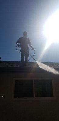 Sunny day gutter cleaning.