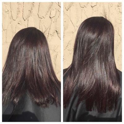 Before and after pictures with my hair extensions done by Ashley. The color was also done beautifully by Ashley!