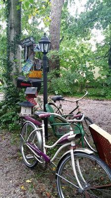 Sculpture and vintage bikes for the guests to use