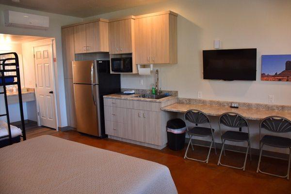 Spacious rooms with a king bed and bunkbeds with a  nice kitchenette.  This is in one of the bunkhouses.