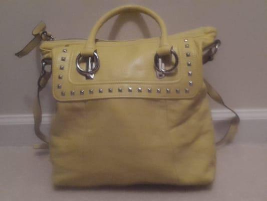 Yellow leather handbag deeply discounted.  Score!!