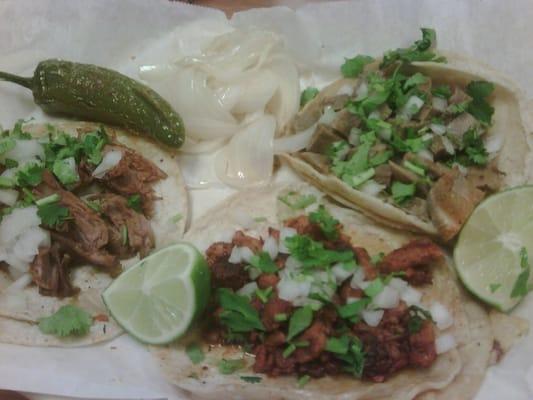 Pastor, Carnitas, and Tongue (lengua) Tacos