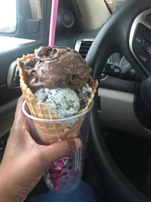 Mint choco chip and rocky road in a waffle cone